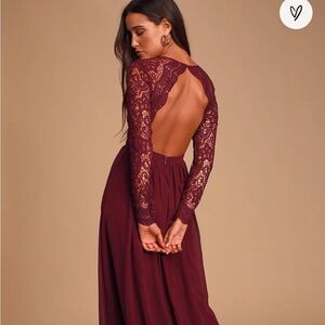 Lulu’s awaken my love burgundy lace long sleeve maxi dress